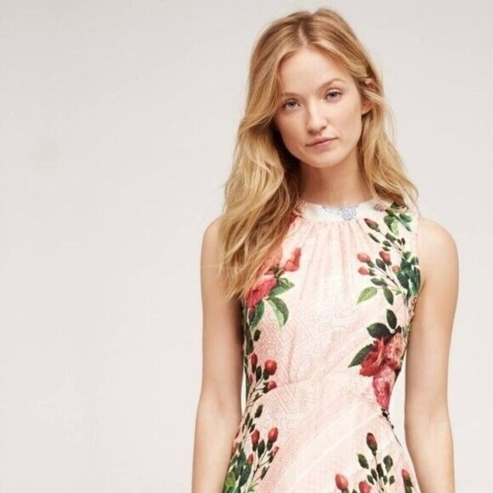 Anthropologie Pankaj & Nidhi Butterfly Garden Midi Dress w/ Beaded Collar - Picture 2 of 11